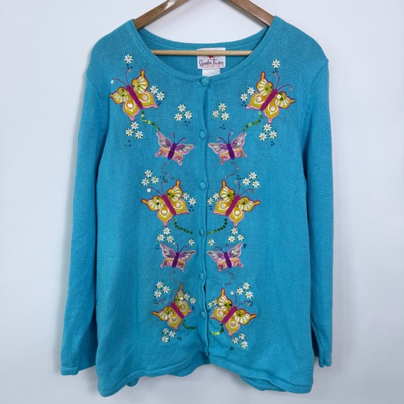 Quacker Factory Button Up Cardigan 2X Blue Butterfly‎ Embroidered Whimsical - Picture 1 of 8